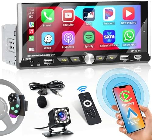 Radio Coche 1 DIN Con CarPlay Y Android Auto - Pantalla Táctil 6.9", Bluetooth, Cámara Trasera Y Control Volante
