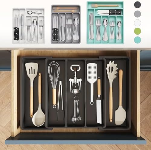 Adjustable kitchen drawer organizer fitting snugly into a standard kitchen drawer.