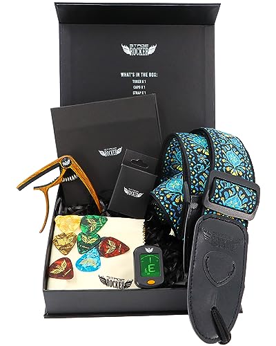 Stage Rocker Guitar Accessories Gift Box for Acoustic and Electric Guitars, Turquoise Blue Jacquard Weave Guitar Strap, Picks, Capo, Tuner, Cleaning Cloth, 5-in-1 Essential Gift
