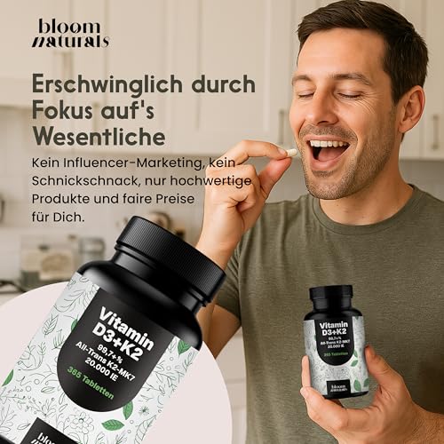 Vitamin D3 K2 hochdosiert – 365 Tabletten mit 20000 IE – 99,7+% All-Trans K2-MK7 - Vitamin D - produziert in Deutschland XXL Family Packung - Verpackung kann variieren