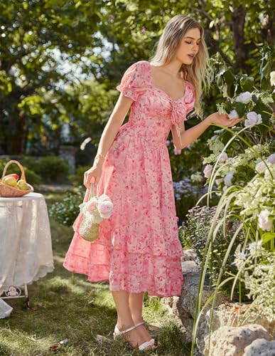 Image of Scarlet Darkness Women Floral Maxi Dress Puff Sleeve Tea Party Corset Dress | Pockets, Ruched Bust, Ruffled Hem, for Cottagecore Fairy Milkmaid Vacation