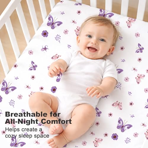 Image of Bimocosy Crib Sheets 4 Pack, Baby Crib Sheets Fitted for Boys and Girls Breathable & Snug Fit, Soft Toddler Bed Sheets for Standard Crib Mattress Nursery Daycare Essentials, Butterfly Meadow