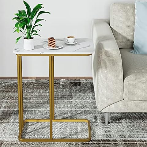 C Shaped Side Table, Small End Table, Modern Simplicity Waterproof Marble Pattern Coffee Table with Steel Frame for Living Room, Bedroom (White) Cover