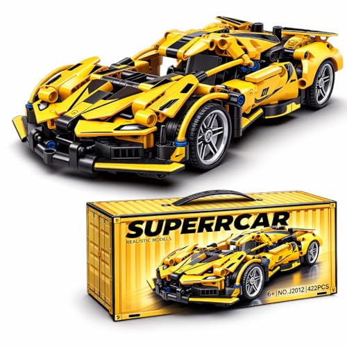 Image of Rush 1:18 Scale Pull Back Racing Car Building Block Set (422 PCS) - Yellow Ferrari Style | DIY Model Car Kit for Kids & Adults | Compatible Racing Brick Toy for Collectors