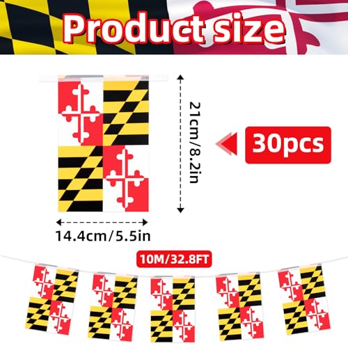 Image of 32.8 ft Maryland Flag Banner, 30 Pcs Mini State String Flags, Red White Black Yellow Bunting for Maryland Day, Local Parades, Festivals, Home, Garden, and Outdoor Decorations