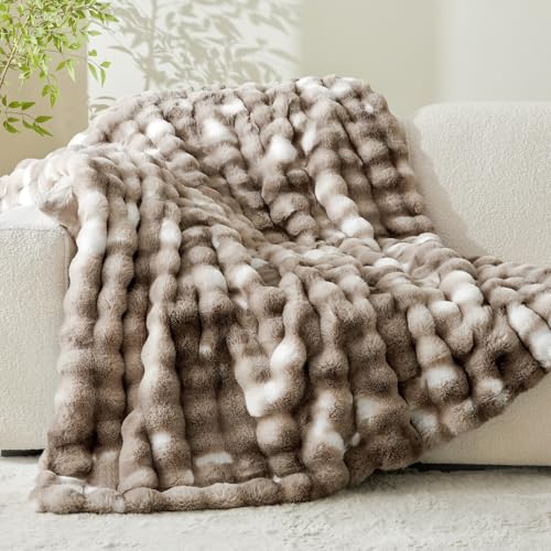 Image of BEDELITE Faux Fur Throw Bubble Blanket for Couch, 50 inch x 60 inch, Tie-Dye Taupe | 870GSM Soft Cozy Plush Blanket for Sofa & Bed Living Room Decor, Warm Fuzzy Faux Rabbit Fur for Women Gift, All Season Use