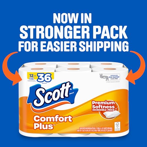 Image of Scott ComfortPlus Toilet Paper, Durable Shipping Pack, 12 Triple Rolls, 231 Sheets per Roll, 1-Ply Toilet Tissue