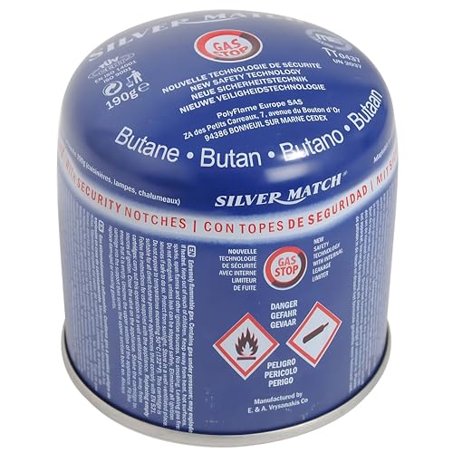 SILVER MATCH Cartouche de Gaz Perçable 190 G, Sécurité GAS LOCK, Gaz Butane Premium Pur, Idéal pour Cuisine, Chalumeau, Cuisinière, Réchaud, Camping, Bricolage, Lampe à Souder, Survie, 40673530