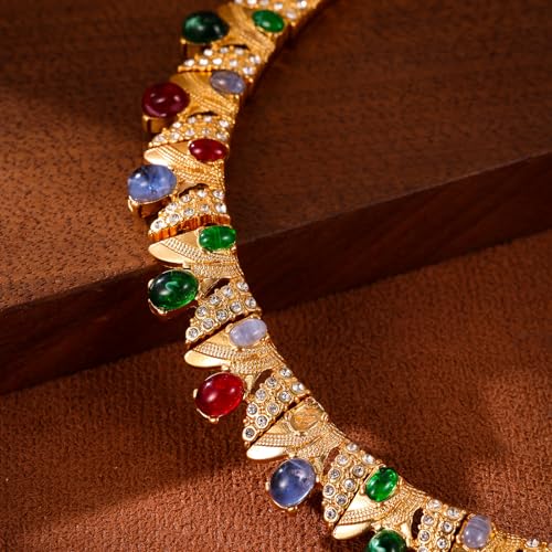 Luxurious Multi-color Gemstones Choker Necklace 18K Gold Plating Chunky statement necklace Palace Style Party Prom Necklace Choker Jewelry for Women4