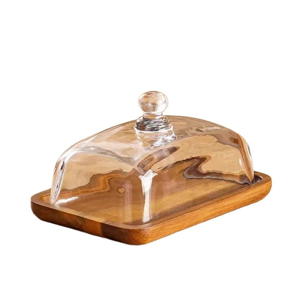 HPTHLY Butter Dish Rectangular Wooden Butter Plate Glass Cover Yellow Oil Plate Snack Dim Sum Cake Dessert Plate Butter Container (Dark Brown)