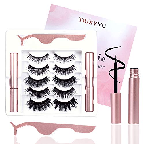 TIUXYYC Magnetic Eyelashes with Eyeliner Kit,5-Pairs Natural Look Fake Eyelashes,with 2 Magnetic Waterproof Eyeliners and Tweezers, Magnetic Lashes and Eyeliner Easy to Apply,No Glue Needed