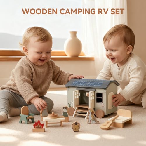 Youuys Wooden Dollhouse Camping Recreational Vehicle - Portable Playhouse Set with 2 Dolls, Pretend Camping House with Smooth-Rolling Wheels, Ready to Play Toy Gift for Boys Girls Kids Age 18M 13PCS