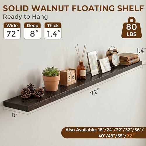 Image of Dreamland 72 Inch Floating Shelves for Wall, Solid Elm Wood Wall Shelves for Living Room, Bedroom, Kitchen, Bathroom, Wall Mounted Long Floating Shelf Set of 1, Walnut Color