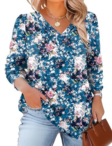 TFSDOD Plus Size Tops for Women Long Sleeve V Neck Shirts Dressy Casual Blouse Loose Fit Basic Tee Tshirt(1X-5X)