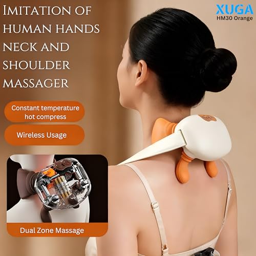 Image of XUGA HM030 Bionic Heated Massager, Wireless Portable Shiatsu Neck and Back Massager, Electric Deep Tissue 4D Kneading Massage, Simulated Human Hand Design for Pain Relief and Muscle Relax (Orange)