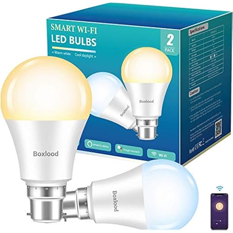 Smart Bulbs, Boxlood B22 Smart LED Bulb Bayonet Work With Alexa Echo Google Home No Hub Required App Control Wi-Fi Bulb Brightness Dimmable & Warm White to Cool White Tunable 7W (60W Equivalent) 2Pack Cover