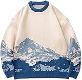 Yimoon Men Sweaters Oversized Graphic Casual Cable Knitted Jumper Pullover Cute Unisex Crewneck Retro Couple Tops (Blue-S)