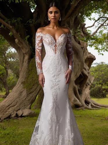 Ivory Mermaid Wedding Dresses Off Shoulder Chapel Train V Neck Long Sleeves Modern Bridal Gown with Applique 20254
