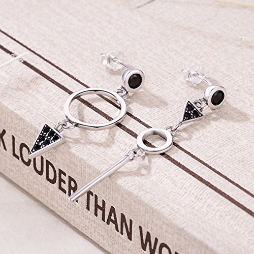 Wostu Asymmetrical Triangle Earring 925 Sterling Silver Black Geometric Circle Drop Earring With Cubic Zirconia Mismatched Hypoallergenic Dangle Earring Dainty Stud Earrings For Women Girls Jewelry Silver #TOP3
