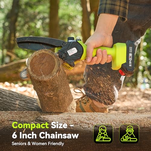 Image of Supstable 6-Inch Cordless Mini Chainsaw - 2000mAh Battery Handheld Electric Chainsaw with Auto Oiler, Lightweight Design for Tree Trimming, Wood Cutting, Camping & DIY
