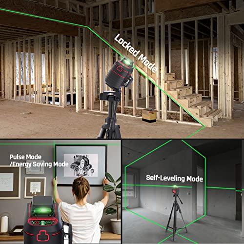 Motovera Self Leveling Laser Level 3x360° 3D Cross Line Laser Level Green Beam, Pulse Mode Battery Indicator, USB Type-C Charging, 360° Adjustable Liftable Magnetic Base, Li-ion Battery