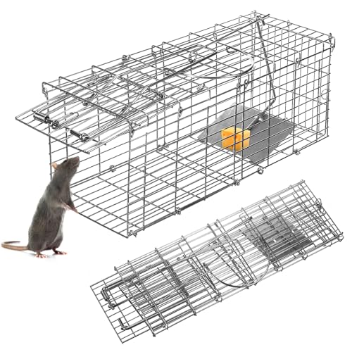 Rat Trap, Humane Live Animal Trap Outdoor & Indoor Use, Reusable Mouse Rodent Trap for Mice, Rats, Chipmunks, Voles, Heavy Duty Collapsible Metal Cage,Easy Catch & Release,High Sensitivity Trigger (1)