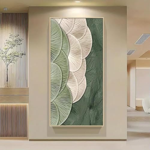 Image of ZHAOLIN Modern Large Textured Canvas Wall Art, Green and Beige Leaf Design | Minimalist Decor for Living Room, Bedroom, or Office 40x80cm InnerFrame