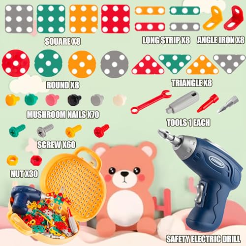 TEZKIM Magic Montessori Play Toolbox with Electric Drill Creativity Tool Box with Drill Kids DIY Creative Educational Construction Engineering Toys for Ages 3-12 Children Birthday (Brown)