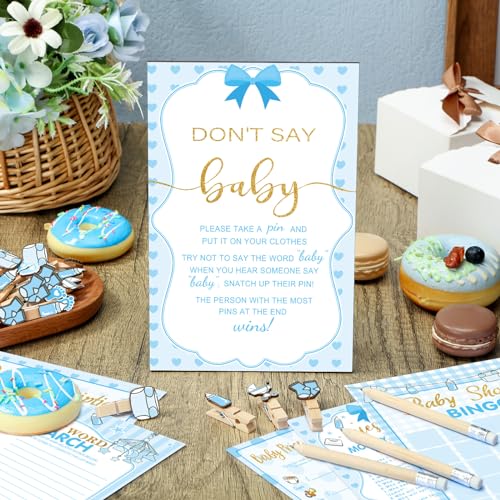 Image of Patelai 321 Pcs Blue Bow Boy Baby Shower Games Decorations 5 Set a Sweet Baby Boy Is on The Way Blue Gender Reveal Don't Say Games Bottle Stroller Feet Clothespins for Gender Reveal Party Decorations