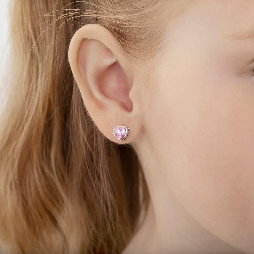 In Season Jewelry CZ Heart Bezel Kids Earrings - 925 Sterling Silver Hypoallergenic Earrings for Girls with Secure Screw Backs - Safe & Comfortable for Toddlers, Kids & Little Girls