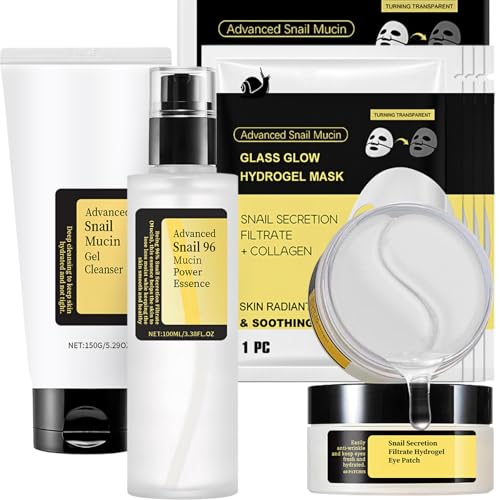 Snail 96 Mucin Power Essence Skin Care Set, 7PCS Korean Skincare Set With Gel Cleanser, Snail Mucin Serum, Hydrogel Eye Patches, Glass Skin Collagen Mask, Deep Hydration, Skin Repair & Radiant