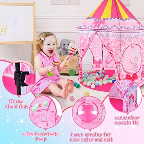 TTLOJ 3PC Girls Princess Ball Pit with Tunnel, Ball Pool with Basketball Hoop, Pink Tent Castle Play House for Toddlers, Baby Crawl Playpen Indoors/Outdoors, Pop Up Playhouse Balls Not Included