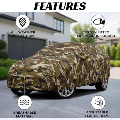 Image of Premium Jungle Print Series 100% Waterproof Car Body Cover for i20 Sports Cover (All Models) with Mirror Pockets | Triple Stitched, Elastic, Custom Fit, Heat Resistant, Anti-Dust, All-Weather Cover