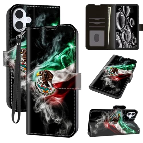 ACWDMKH for iPhone 17 Case Walle with Card Holder Slots & Wrist Strap & Kickstand Flip Folio Leather Magnetic Protective Shockproof Rugged Heavy Duty Cover,Mexican Flag Eagle
