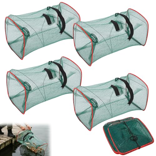 yotutun 4 Stück Fischreuse 45x22cm Köderfischreuse Aalreuse Krebsreuse mit Futterbeutel Faltbare Fischfalle Reuse Fisch Krabbenfalle Krebsfalle Reusen für Fischfang zum Krabben Garnelen