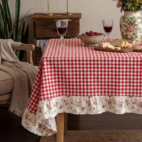 Boao 60 x 120 Inch Red White Plaid Ruffled Table Cloth Rectangle Cotton Gingham Floral Trim Tablecloth Vintage Farmhouse Checkered Table Cover for Home Weddings Picnic Holiday Party Decor