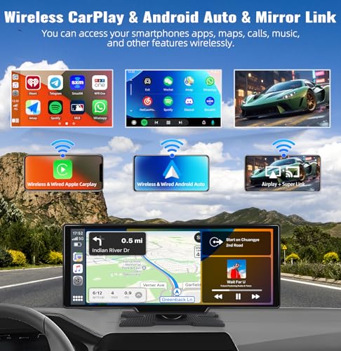 Wireless Apple Carplay & Android Auto 10.26 Inch HD Touch Screen Portable Car Stereo with Bluetooth Car Radio Receiver Support Super Link Siri/Google Assistant FM/AUX Dash Mount