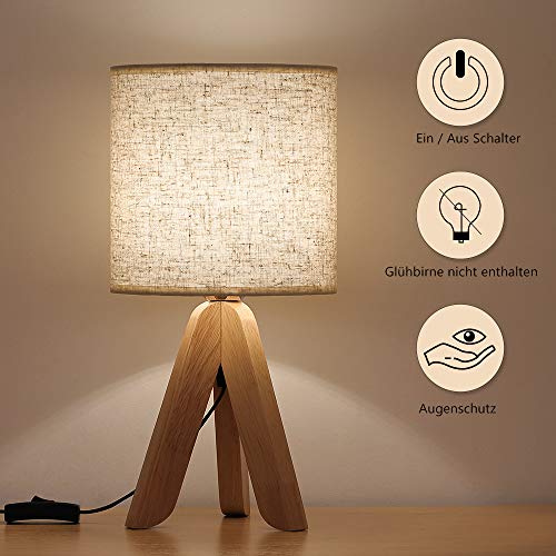 Preisvergleich Produktbild Kleine Tischlampe, Einfacher Stil Nachttischlampe mit Leinen Lampenschirm, Holzstativ Nachtlicht für Kinderzimmer, Schlafzimmer, Wohnzimmer, Büro