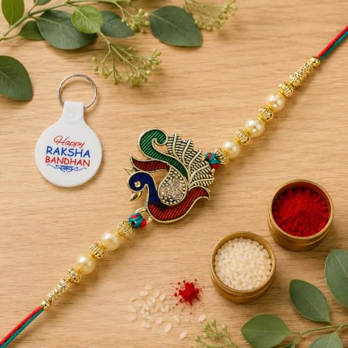 Image of Riddhika Ventures Alluring Gold Plated Floral and Pearl Rakhi (Bracelet) with Roli Chawal, Greeting Card and One Motivational Keychain