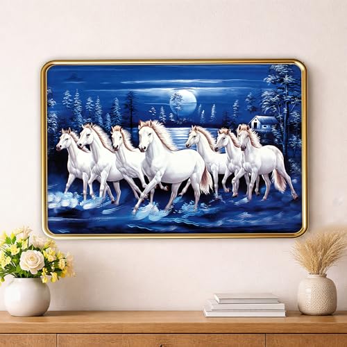 Image of XOPY Seven Running Horses with Golden Frame | Vastu 7 horses Raw Pyrite Painting for Home, Office & Living Room Wall Decore | 12X18 Inch Sparkle Laminated Frame | Best For Gifting (3068, 12X18)