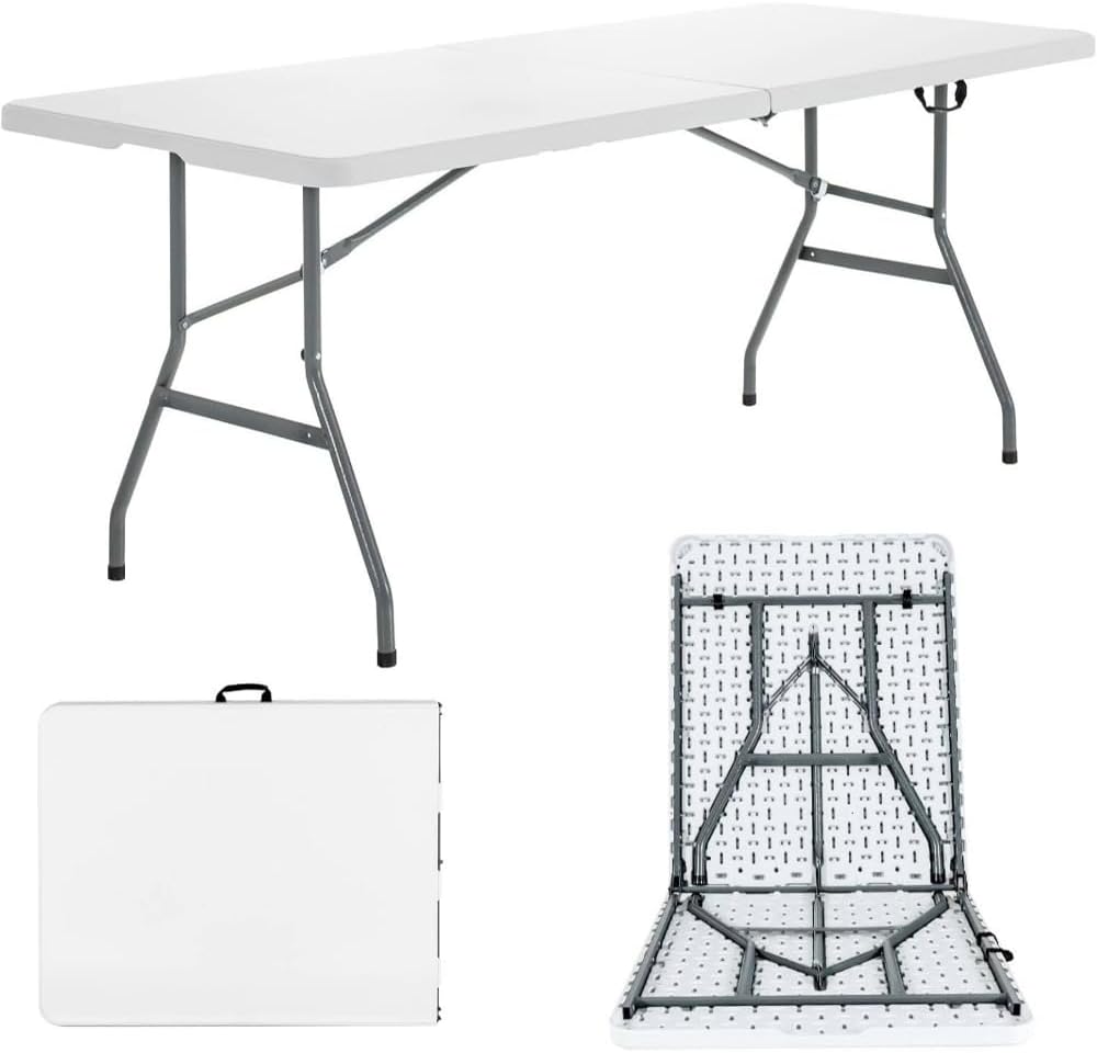 SKY-TOUCH Folding Lightweight Trestle Outdoor Camping Table, Heavy Duty Plastic Outdoor Picnic Table, Folds in Half with Carry Handle, White (150x70x75cm)