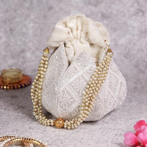 Image of THE TAN CLAN Pushp Zardozi Embroidered Mini Lotus Potli Bag - Handcrafted Silk Pouch with Intricate Zardozi & Lotus Design for Weddings, Bridal Accessories, and Special Occasions