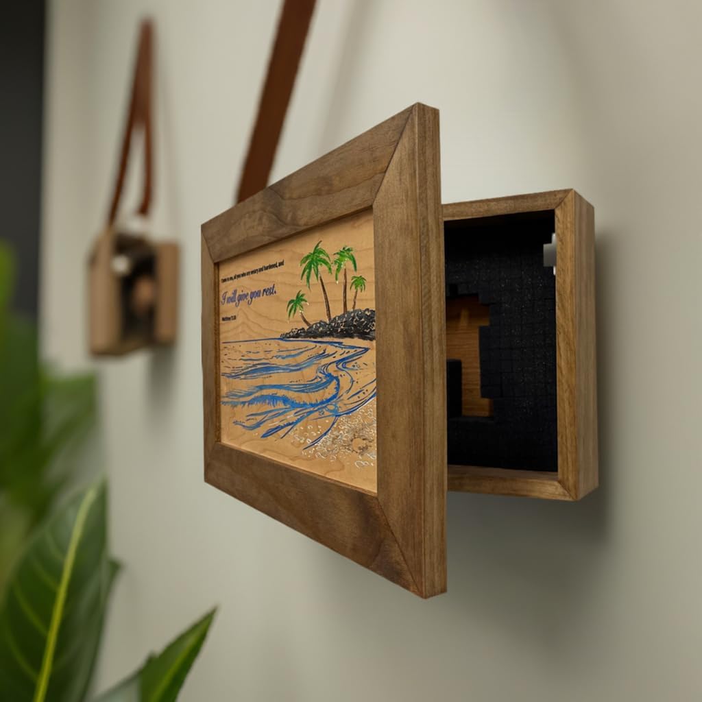 Bellewood Designs Hidden Gun Storage with Matthew 11:28 Bible Verse and Coastal Scene