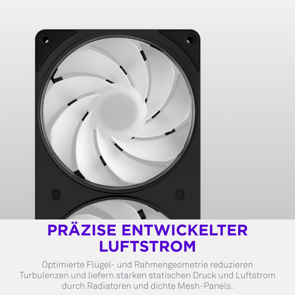 NZXT F360 RGB Reverse - 360mm single-frame Reverse Lüfter - Schwarz | 360mm single-frame Einheit mit drei 120mm Reverse-Blade PWM RGB-Lüftern. Sauberer Airflow für Show-Side-Builds.