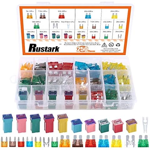 Rustark 250pcs US Grade Automotive Fuses Assortment Kit Standard & Mini Car Blade Fuses, Low and Tall/STD Profile Box Shaped Assorted Fuse for Trucks, Cars and SUV, Boat Cover