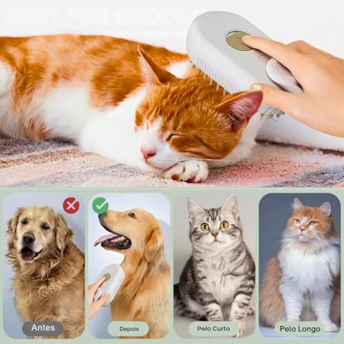Escova de Vapor Pet 3 em 1 para Gatos Cachorros Escova Elétrica de Silicone com Carregamento USB, Re