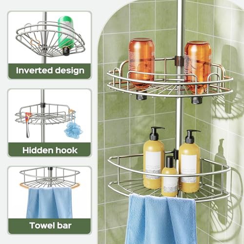 Image of HAMITOR Corner Shower Caddy Tension Pole 4 Tier Rustproof Shampoo Organizer | 47.7-123.6In Adjustable Shelves For Renters, No Drill Quick Install, Space Saving Family Bathroom Storage, Silver Gray Finish