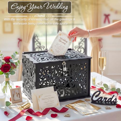 Image of Wedding Card Box with Lock, Black Card Box for Wedding Reception Decorations, Wedding Box for Cards and Money, PVC Envelope Gift Card Box for Party Graduation Baby Shower Birthday Decor