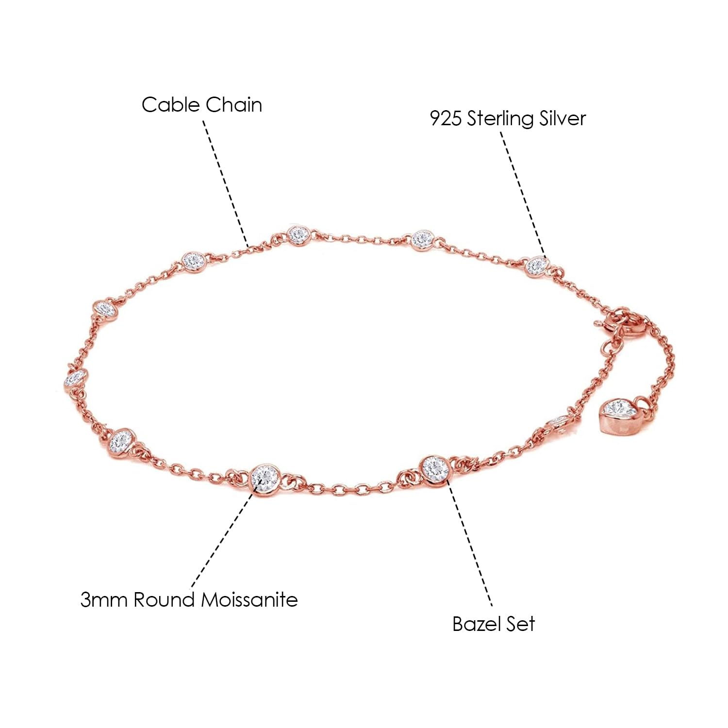 Station Anklet Bracelet For Women 3MM Round Lab Created Moissanite Bezel Set Single Piece Dainty Link Chain Anklet in 14K Gold Plated 925 Sterling Silver 8" to 10" Fine Jewelry Gift for Her