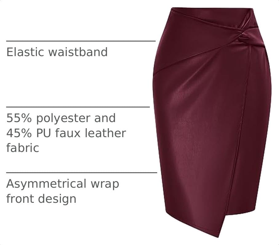 Image of Kate Kasin Women Faux Leather Midi Skirt, High Waist Wrap Bodycon Skirts